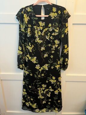 Who What Wear Black Long-Sleeve Floral Ruffle Dress - Yellow & Green